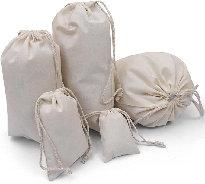 100Pcs 8 x 12 Inches Premium Cotton Muslin Double Drawstring Bags, Reusable Bag Natural Cotton Bags