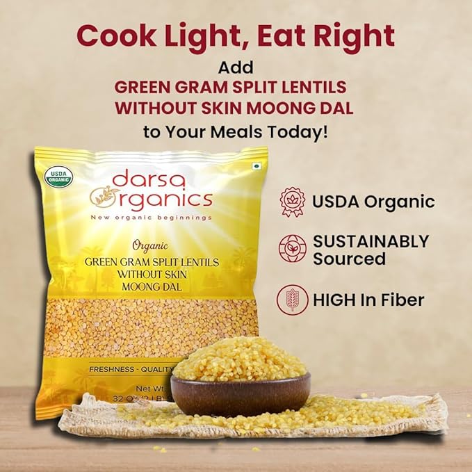 Darsa Organics Yellow Moong Dal (Split Yellow Mung Beans) 2 lb - USDA Organic, Non-GMO