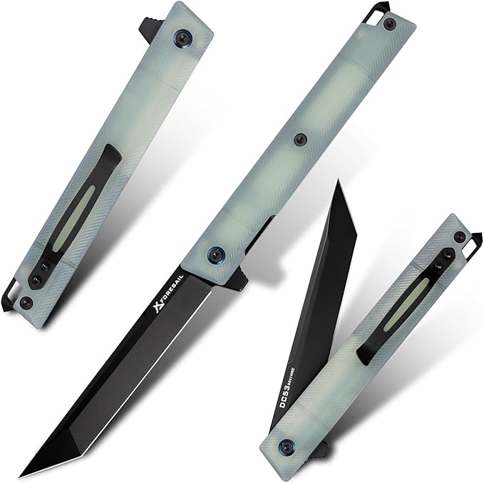 Flipper Pocket Folding Knife,DC53 Steel Blade and G10 Handle. With pocket clip and glass