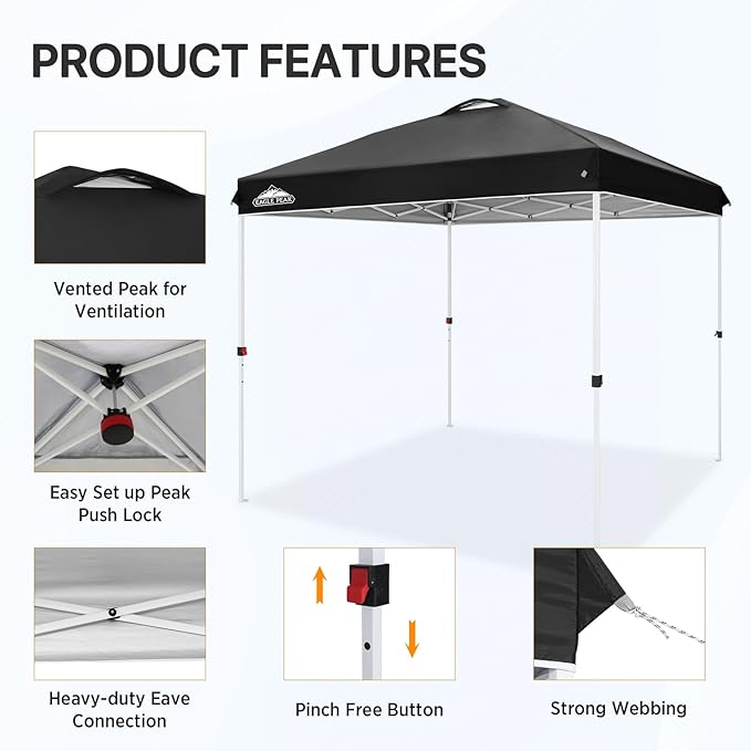 EAGLE PEAK Pop Up Canopy Tent with Wheeled Carry Bag, 8 Stakes, 4 Ropes, Easy Set Up Tent Canopy