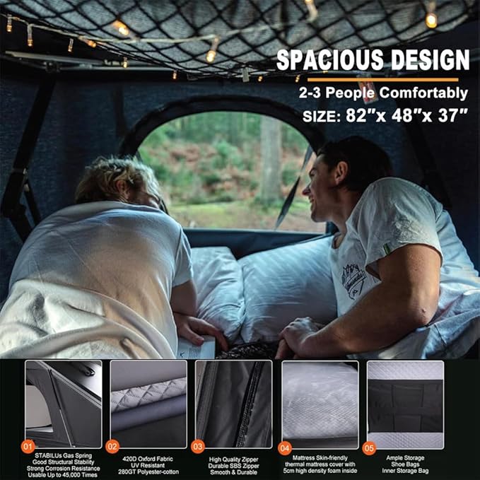 Rooftop Tent Hard Shell - Outdoor Car Camping 2-3 Person Truck, Sedan, SUV, Waterproof, Teardrop