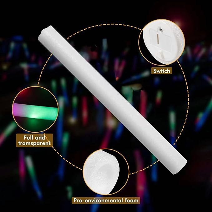 100PCS LED Foam Sticks, Foam Light Up Sticks with 3 Modes Colorful Flashing, Glow in Dark Party