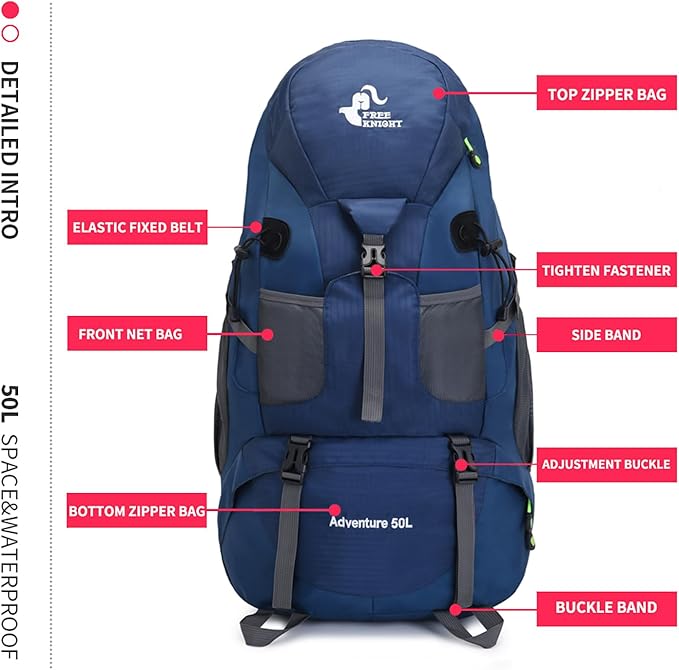 Bseash 50L Hiking Backpack, Water Resistant Lightweight Outdoor Sport Daypack Travel Bag for