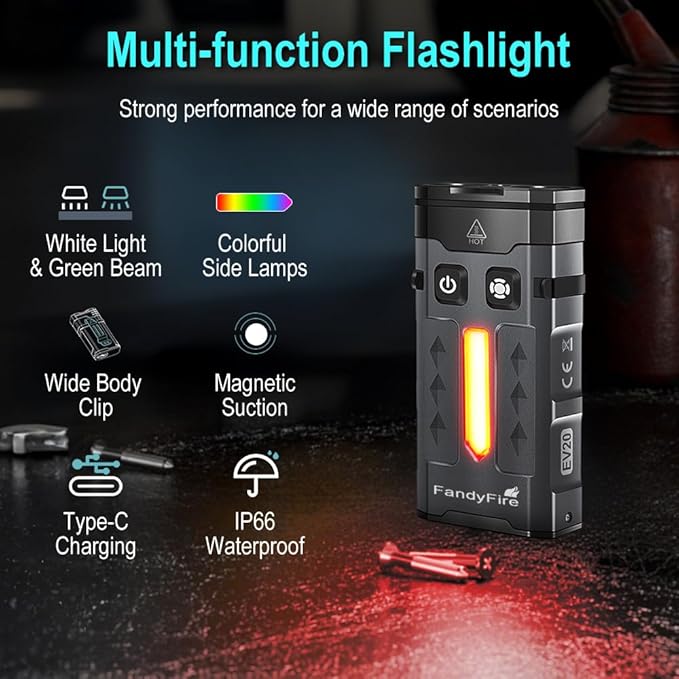 1100 Lumen Small EDC Keychain Flashlight with Green Beam - Rechargeable RGB LED Clip on Flashlight
