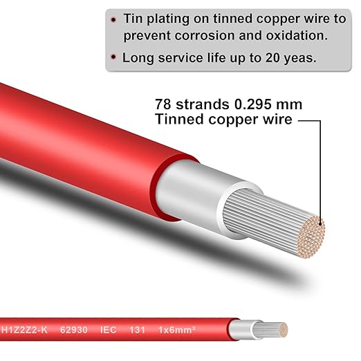 Solar Panel Wire - 200FT Red Tinned Copper Wire, 10AWG (6mm²) PV Wire Solar Extension Cable for