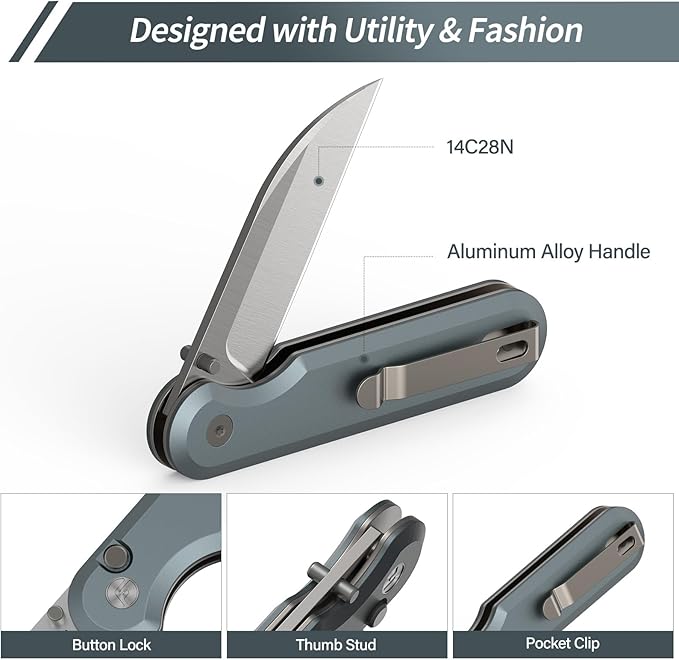 FINTISO Pocket Knife, 3" 14C28N Blade EDC Knife with Aluminum Alloy Handle, Folding Knife with