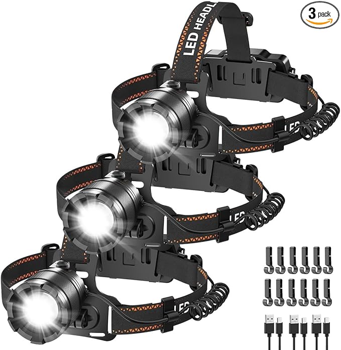 KYEKIO 3Pack Rechargeable Headlamps for Adults, 9900L Super Bright Head Lamps LED Rechargeable