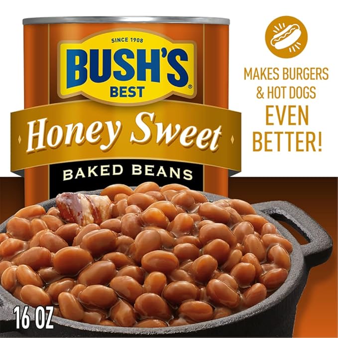 BUSH'S BEST 16 oz Canned Honey Sweet Baked Beans, Source of Plant Based Protein and Fiber, Low Fat