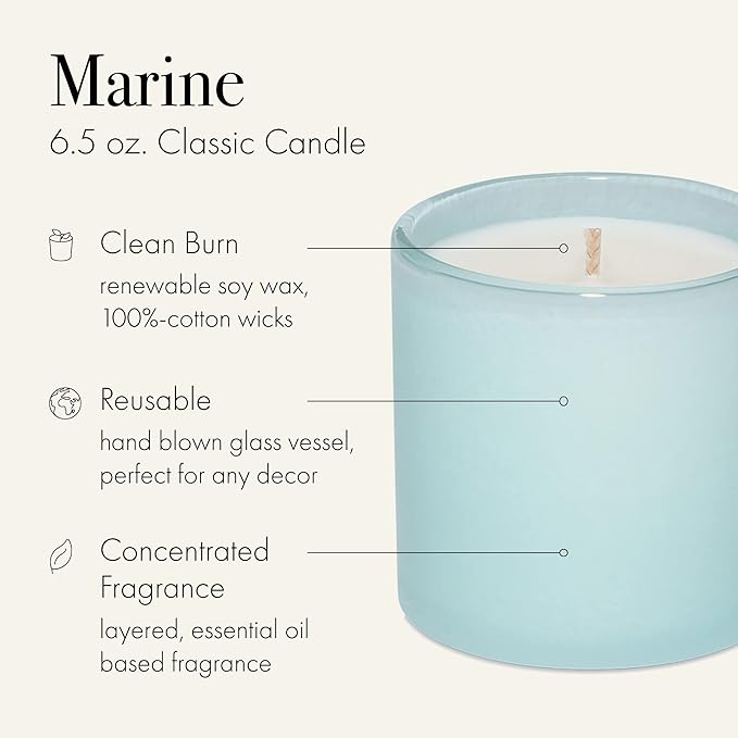 LAFCO New York Classic Candle, Marine - 6.5 oz - 50-Hour Burn Time - Reusable, Hand Blown Glass