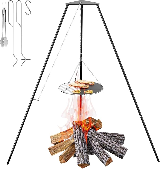 Campfire Tripod for Cooking, Campfire Cooking Equipment, Round Grill Grate with Adjustable Height