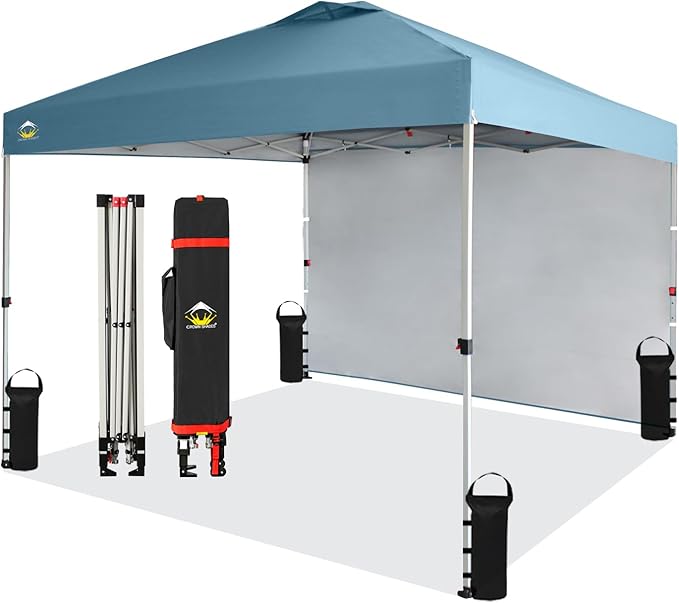 CROWN SHADES 10x10 Pop Up Canopy with 1 Side Wall - Beach Tent with One Push Setup - Outdoor Sun
