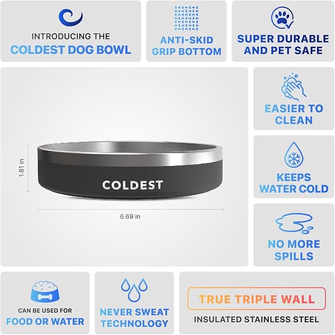 Coldest Dog Bowl - Anti Rust Metal, Non Slip, 3 Layers Insulated Stainless Steel Dog Bowls - Spill