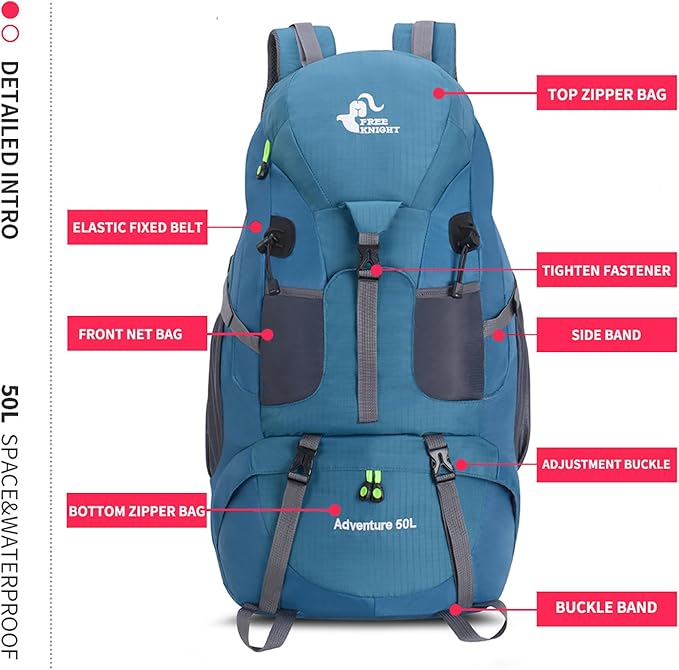 Bseash 50L Hiking Backpack, Water Resistant Lightweight Outdoor Sport Daypack Travel Bag for