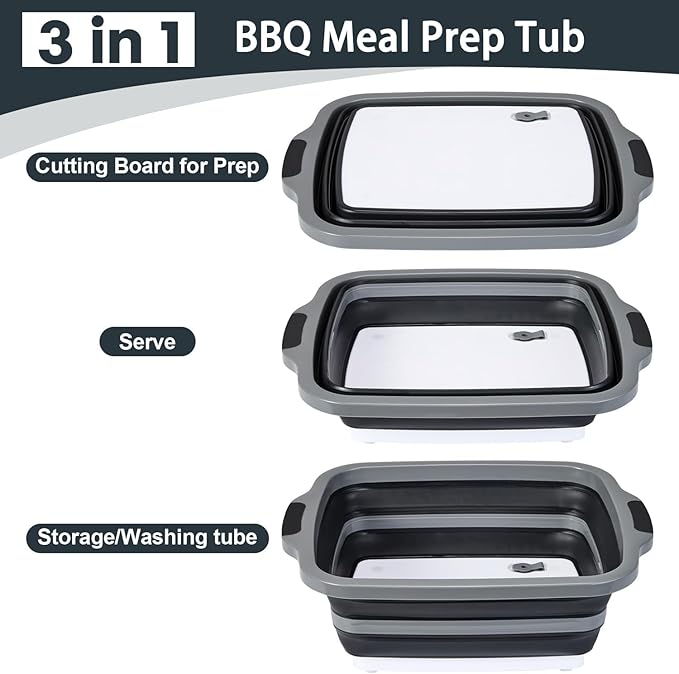 Collapsible BBQ Prep Tubs with Lids, Grill Cutting Board, Camping Sink with Drainage Hole for Meal