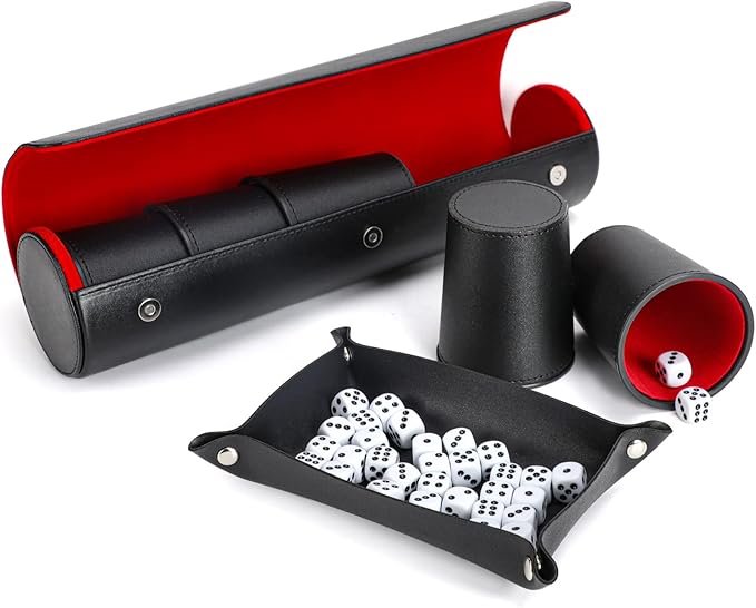 Party Games Leather Dice Cup Set, 5 Dice Cups+25 Dice+1 Folding Tray Exclusive Storage and
