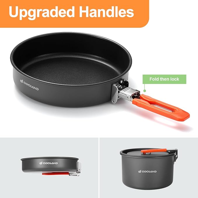 Odoland Camping Cookware Mess Kit, Non-Stick Lightweight Camping Pot and Fry Pan Set with Mesh Bag