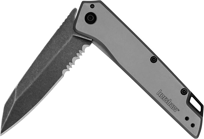 Kershaw Grid Folding Pocket Knife, 3.7 inch Black Serrated Blade, Steel Handle, Pocketclip &