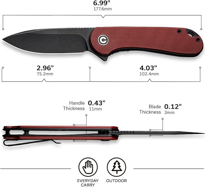 CIVIVI Elementum Pocket Folding Knife,Black Stonewashed D2 Blade Burgundy G10 Handle, Good for EDC