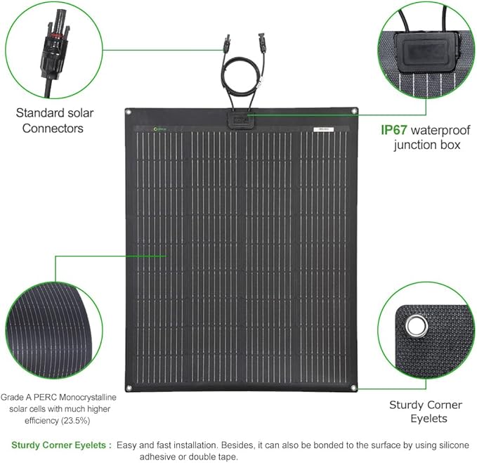Lensunsolar 100W 12V ETFE Flexible Solar Panel, 33.5x28in, PERC 9BB 23.5%+ Efficiency Mono Solar
