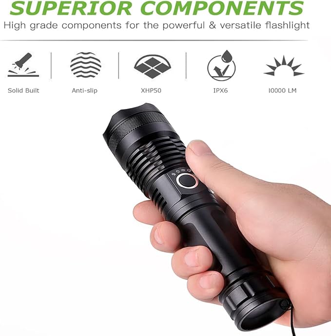LED Flashlights, 10000 Lumen Super Bright Tactical Flashlight, Rechargeable Flash Light, 5 Modes
