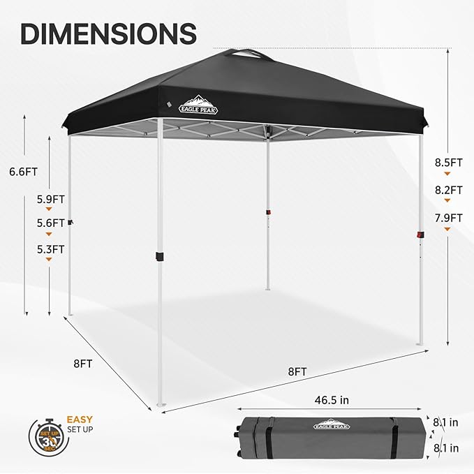 EAGLE PEAK Pop Up Canopy Tent with Wheeled Carry Bag, 8 Stakes, 4 Ropes, Easy Set Up Tent Canopy