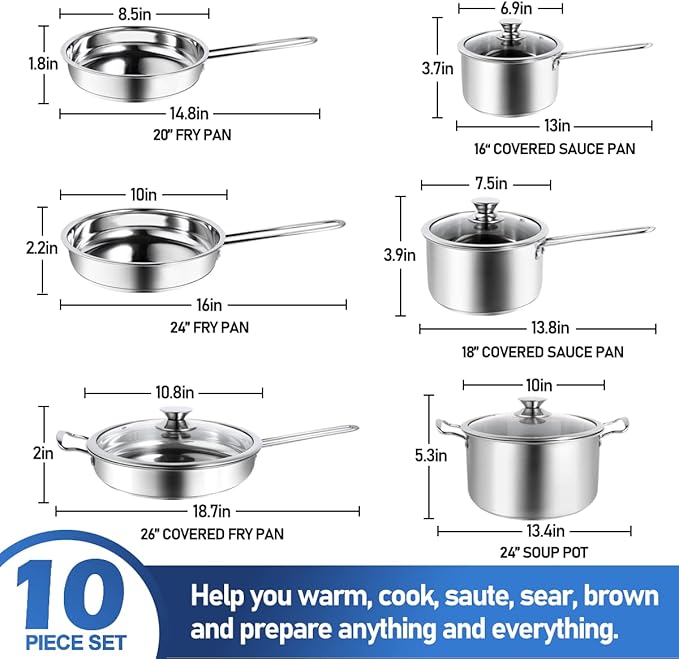 Aufranc 10-Piece Pots and Pans Set, Stainless Steel Cookware Set- Includes Ergonomic Handle