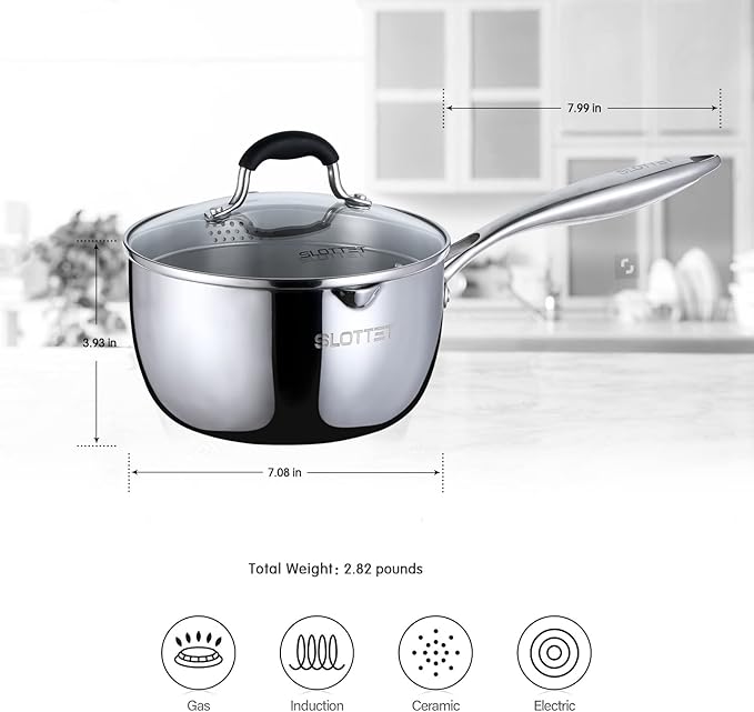 Tri-Ply Whole-Clad Stainless Steel Sauce Pan with Pour Spout,1.5 Quart Small Multipurpose Pasta Pot