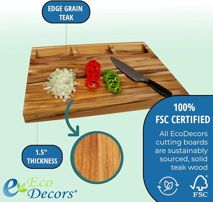 EcoDecors, Teak Cutting Board 20"x15" Reversible Edge Grain, Extra Large Solid Teak Wood Carving