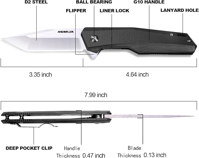 Pocket Knife D2 Blade Folding Knife with G10 Handle, Liner Lock, Pocket Clip, Smooth Flipping