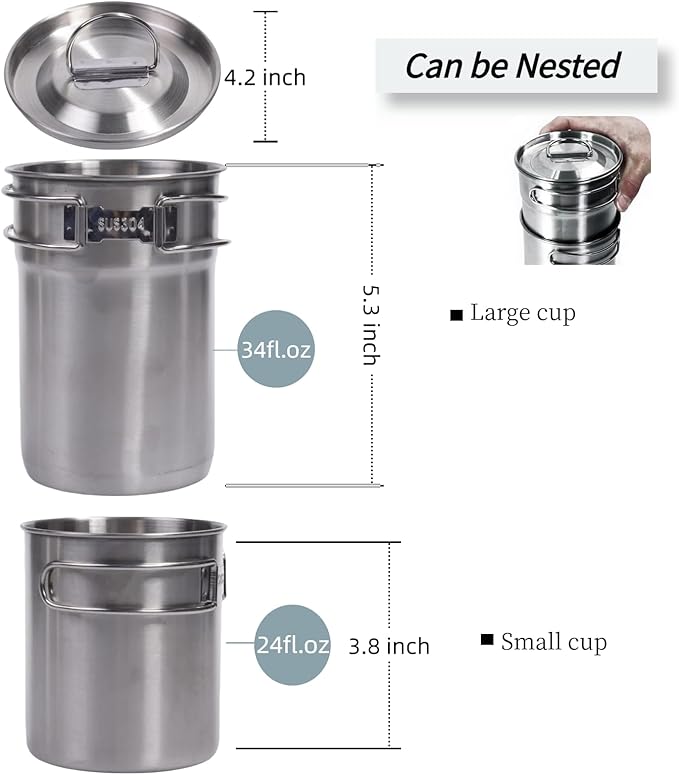 Foldable Camping Cups Mugs Camping Pot Cookware 304-Food-Grade Outdoor Camp Cooking Set with Vented