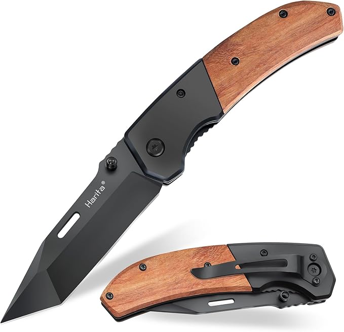Harita Pocket Knife for Men, Folding Utility with Pocket Clip, Wood Handle EDC for Women with 3.4″