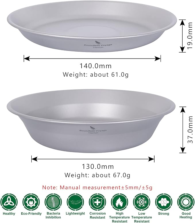 iBasingo Titanium Camping Plates and Bowls Set with Mesh Bag - 174mm Ultralight Backpacking