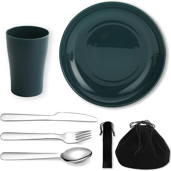 Evanda Camping Cutlery Set, Reusable Light Weight Mug, Plate and Stainless Steel Cutlery Set with