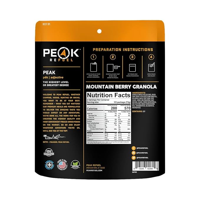 Peak Refuel Mountain Berry Granola 2-Pack | Freeze Dried Backpacking, Camping & Emergency Prep Food