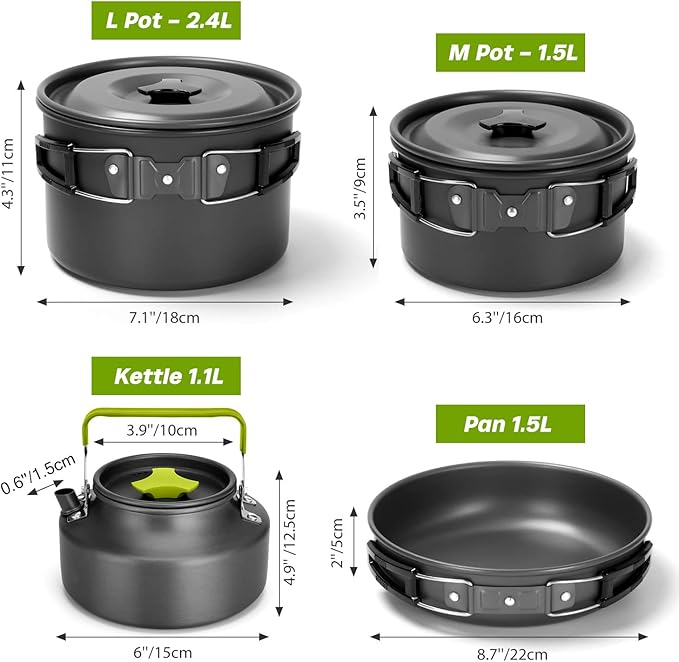 Odoland 29pcs Camping Cookware Mess Kit, Non-Stick Lightweight Pots Pan Kettle, Collapsible Water