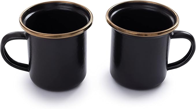 Barebones 5-Ounce Enamel Espresso Cup Set of 2 - Small Coffee Mug and Tea Cup - Stainless Steel Rim