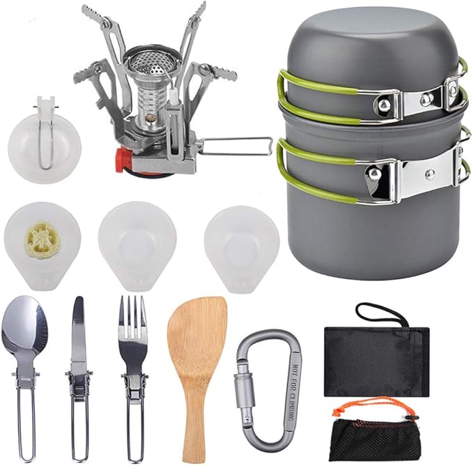 Peidesi Camping Cookware Mess Kit, Portable Camp Stove Pots and Pans Set, Carabiner, Folding Knife