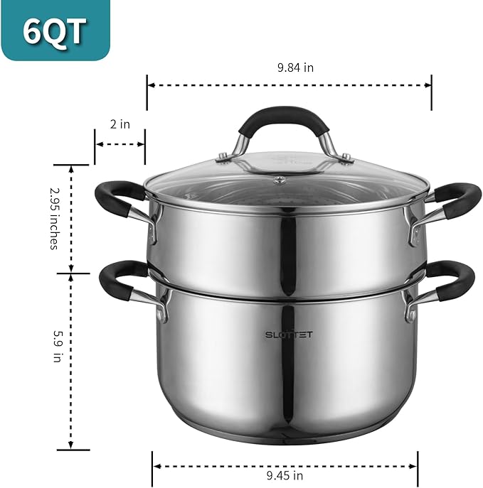 6 Quart Stainless Steel Stock Pot with Steamer,6 Qt Multipurpose Stockpot with Stay-cool silicone