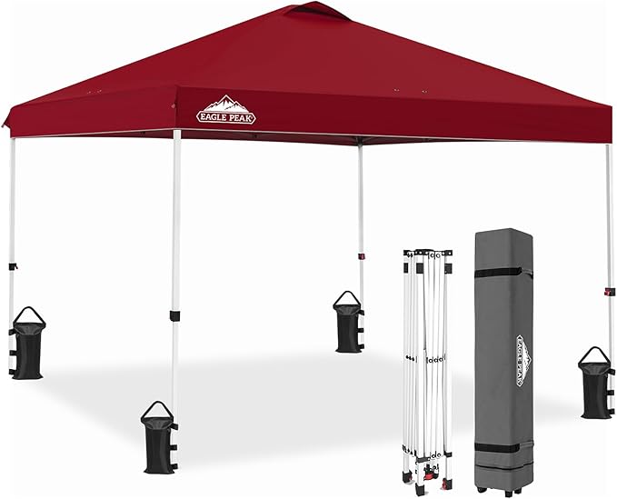 EAGLE PEAK Pop Up Canopy Tent with Wheeled Carry Bag, 8 Stakes, 4 Ropes, 4 Weight Bags, Easy Set Up