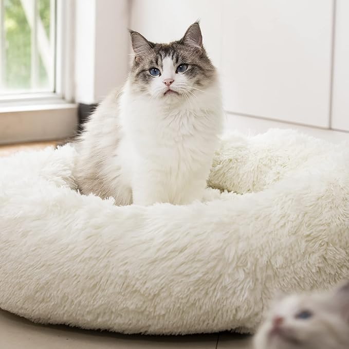 Anti Anxiety Round Fluffy Plush Faux Fur Warm Washable Dog Bed & Cat Bed, Original Bed for Small
