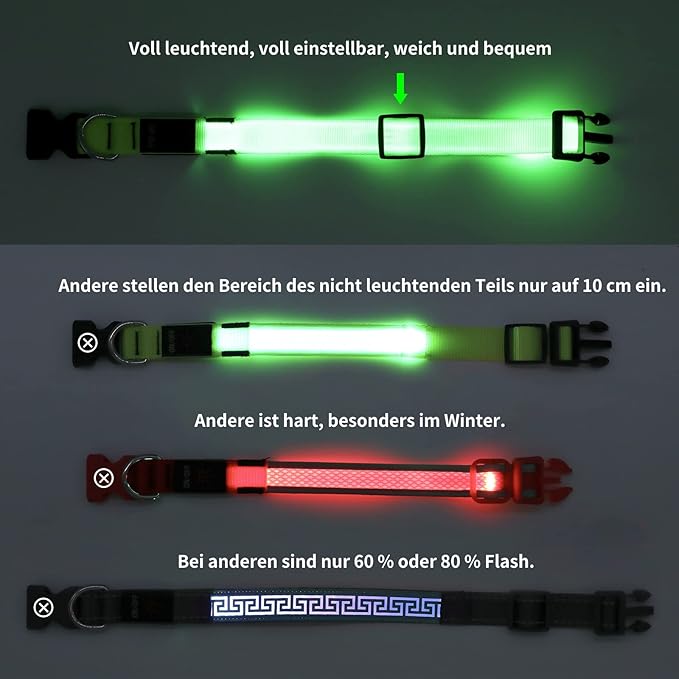 Led Dog Collar - Adjustable, Rechargeable, Waterproof, Glows in Dark for Medium Large Dogs