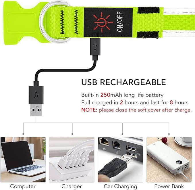YFbrite Light up Dog Collar, USB Rechargeable LED Puppy Collar Super Bright Adjustable Glowing Dog