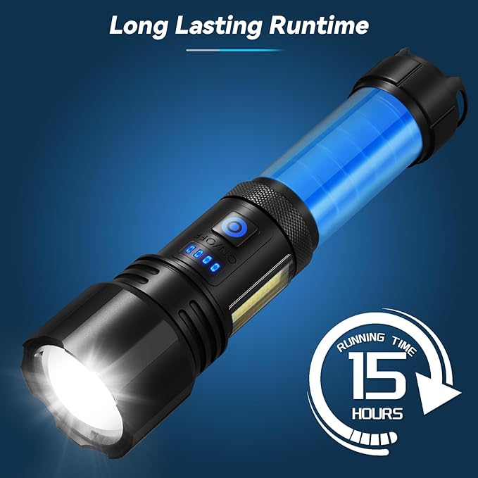 Rechargeable Flashlight, 99,000 Lumens Super Bright Flash Light, 7 Modes with COB Work Light, IPX6