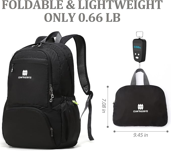 Lightweight Packable Travel Backpack, 30L Black Daypack Hiking Backpack for Women Men, Waterproof
