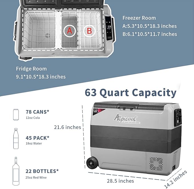 Alpicool LGT60 Dual Temperature Control 12 Volt Refrigerator 63 Quart Portable Car Fridge Freezer