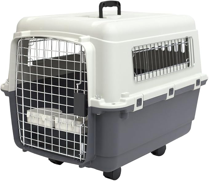 SportPet Designs Plastic Kennels Rolling Plastic Wire Door Travel Dog Crate - Medium, Gray