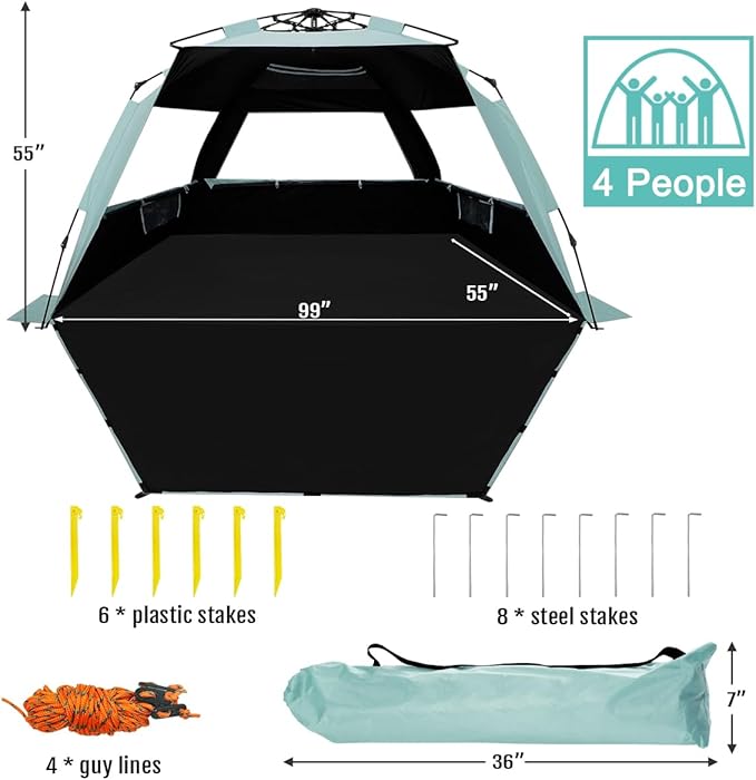 WhiteFang Deluxe Pop Up Beach Tent Sun Shade Shelter for 3-4/5-6 Person, UV Protection, Extendable