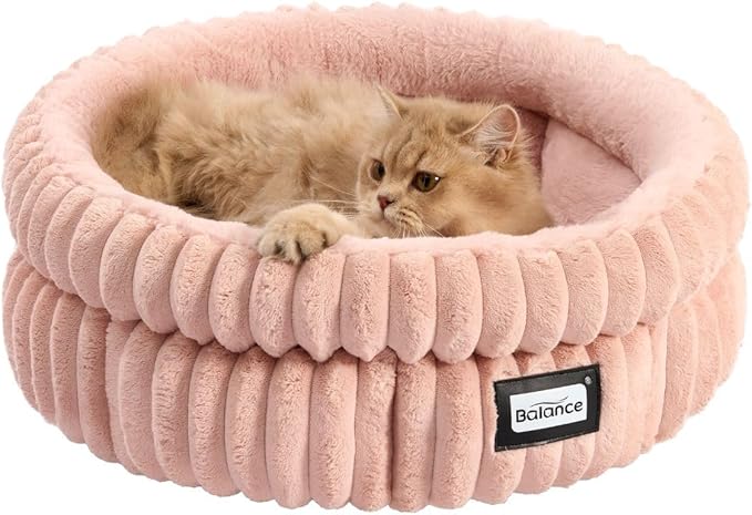 BALANCE Cat Bed Kitten Bed, Washable Round Cat Beds for Indoor Cats,Super Soft Plush Faux Fur Pet