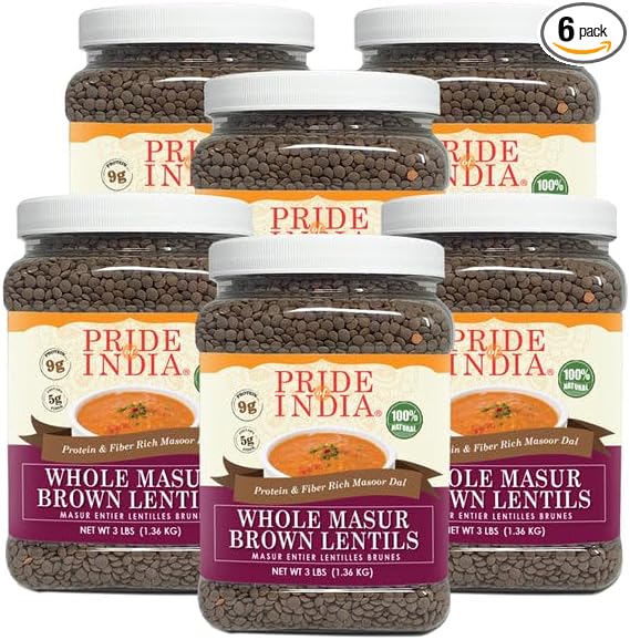 Pride Of India - PACK of 6 - Indian Whole Brown Crimson Masur Lentils - Protein & Fiber Rich Masoor