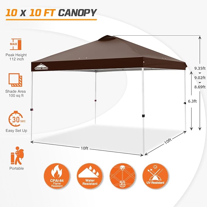 EAGLE PEAK Pop Up Canopy Tent with Wheeled Carry Bag, 8 Stakes, 4 Ropes, 4 Weight Bags, Easy Set Up